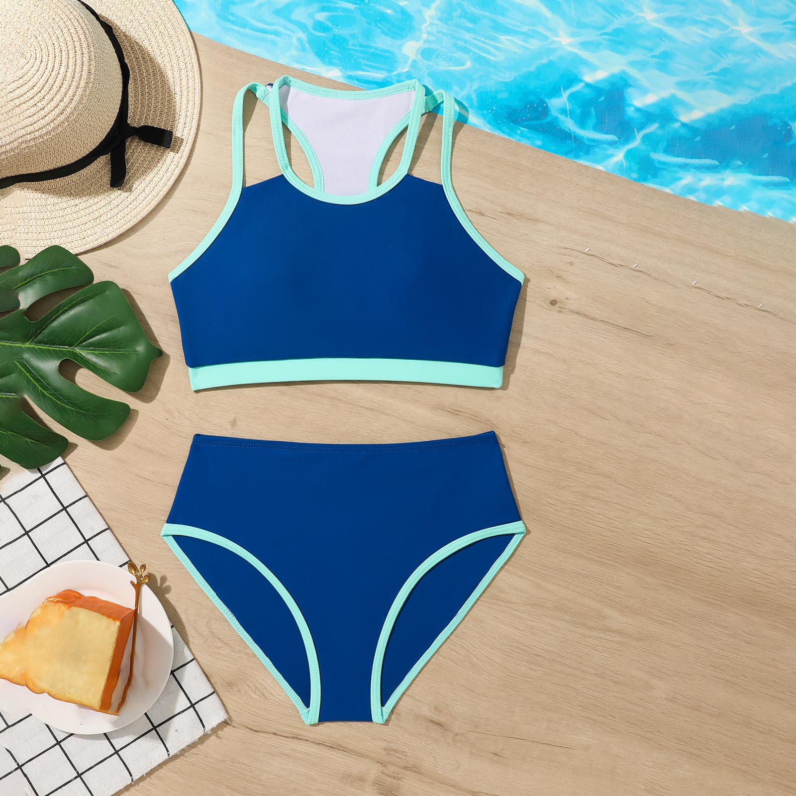 JingChang Two-Piece Teen Girls' Solid Color Swimsuits V-Neck Bikini Adjustable Shoulder Straps Swimsuit Kids Bikini,Navy,10 Years